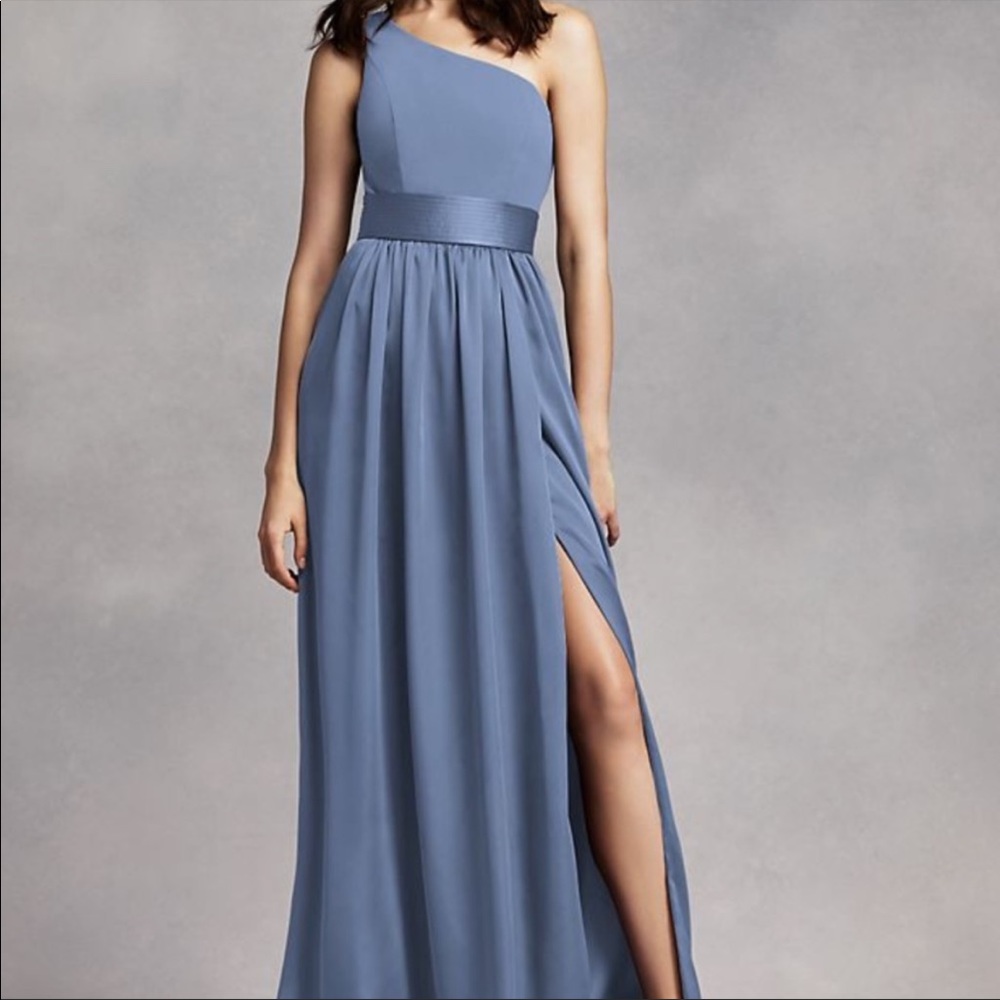 White by Vera Wang One-Shoulder Slate Blue Chiffon Evening Dress